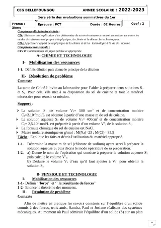 Première page de PCT 3e — 1re évaluation sommative, 1er semestre (2022-2023) · CEG Bellefoungou