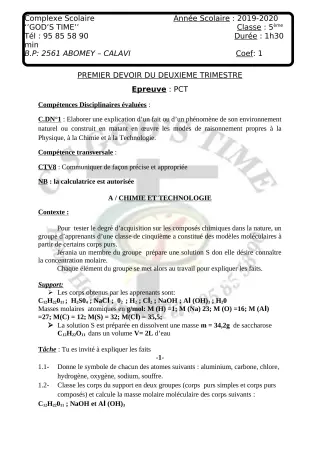 Première page de PCT 5e — 1er devoir surveillé, 2e trimestre (2019-2020) · CPEG GOD'S TIME