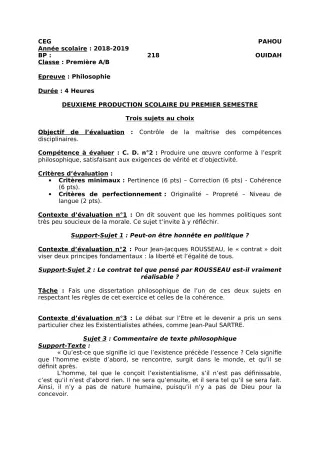 Première page de Philosophie 1ère A1, 1ère A2, 1ère B — 2e production scolaire, 1er semestre (2018-2019) · CEG PAHOU