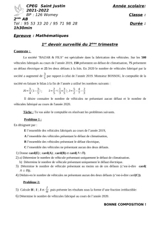 Première page de Mathématiques 1ère A1, 1ère A2, 1ère B — 1er devoir surveillé, 2e trimestre (2021-2022) · CPEG SAINT Justin