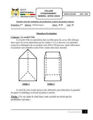 Première page de Mathématiques 5e — Production scolaire, 1er semestre (2022-2023) · CEG Akpao-Ogou