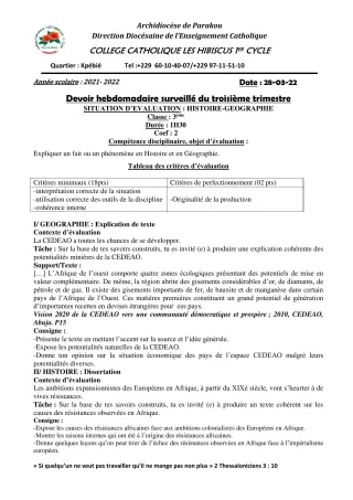 Première page de Histoire-Géographie 3e — 2e devoir surveillé, 3e trimestre (2021-2022) · Hibiscus 1er cycle