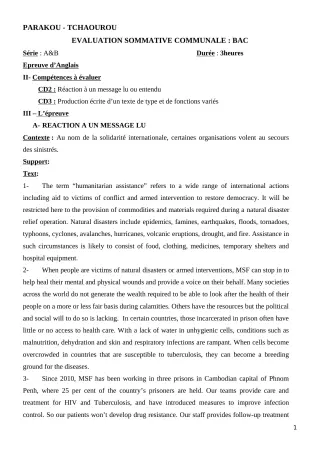 Première page de Anglais Tle A1, Tle A2, Tle B — Évaluation sommative (2018-2019) · CEG Albarika