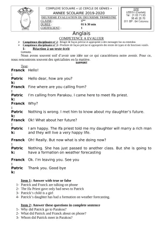 Première page de Anglais 5e — 2e trimestre (2019-2020) · CPEG Le Cercle de Génies