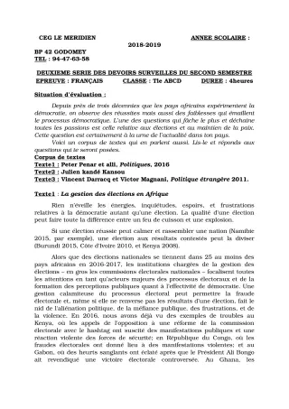 Première page de Français Tle A1, Tle A2, Tle B, Tle C, Tle D — 2e devoir surveillé, 2e semestre (2018-2019) · CEG Le Méridien
