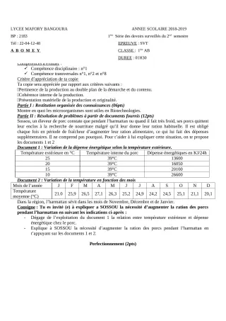 Première page de SVT 1ère A & B — 1er devoir surveillé, 2e semestre (2018-2019) · Lycée Houegbadja d'Abomey (Ex Mafory Bangoura)