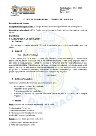 Première page de Anglais 5e — 1er devoir surveillé, 1er trimestre (2019-2020) · CPEG LE PHARAON