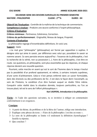 Première page de Philosophie 2nde A2 — 2e devoir surveillé, 1er semestre (2020-2021) · CEG SEKERE