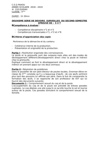 Première page de SVT 5e — 2e devoir surveillé, 2e semestre (2018-2019) · CEG PAHOU