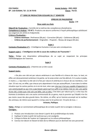 Première page de Philosophie Tle C, Tle D — 1re production scolaire, 1er semestre (2021-2022) · CEG PAHOU