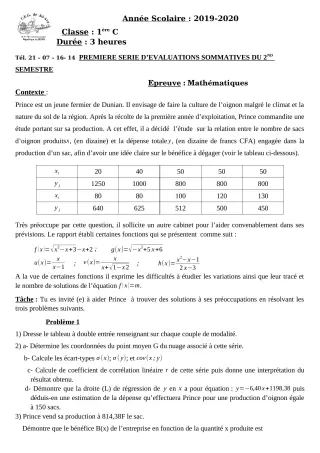 Première page de Mathématiques 1ère C — Évaluation sommative, 2e semestre (2019-2020) · CEG Sô-Ava