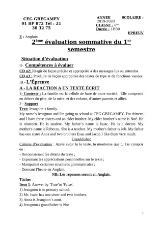 Première page de Anglais 6e — Évaluation sommative, 1er semestre (2019-2020) · CEG GBEGAMEY