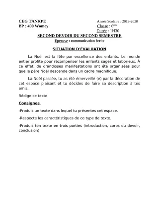 Première page de Français 6e — 2e devoir surveillé, 2e semestre (2019-2020) · CEG Tankpè