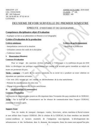 Première page de Histoire-Géographie 1ère A2, 1ère B — 2e devoir surveillé, 1er semestre (2020-2021) · CEG FIYEGNON