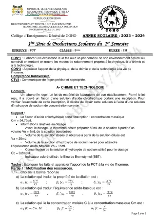 Première page de PCT 3e — 1re production scolaire, 1er semestre (2023-2024) · CEG GOHO