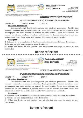 Première page de Français 6e, 5e, 4e, 4e ML, 3e, 3e ML, 2nde A, 2nde A1, 2nde A2, 2nde C, 2nde D, 1ère A, 1ère A1, 1ère A2, 1ère C, 1ère D, Tle A1, Tle A2, Tle C, Tle D — 1re production scolaire, 2e semestre (2022-202
