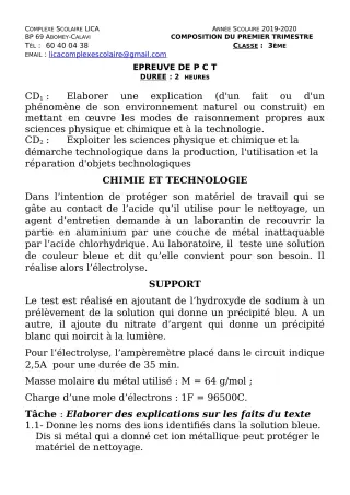 Première page de PCT 3e — Composition, 1er trimestre (2019-2020) · CPEG LICA
