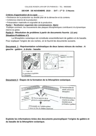 Première page de SVT 1ère D — Devoir surveillé (2019-2020) · CPEG Roger LAFIA
