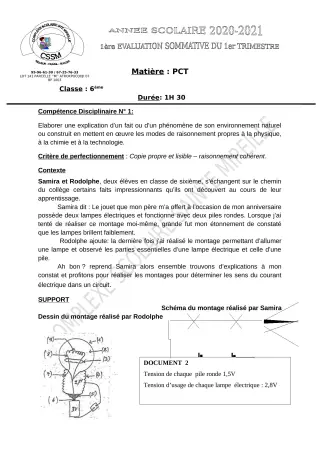 Première page de PCT 6e, 5e, 4e, 3e, 2nde D, 1ère D, Tle D — 1re évaluation sommative, 1er trimestre (2021-2022) · CPEG SAINTE MIREILLE