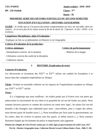 Première page de Histoire-Géographie 3e, 3e ML — 1er devoir surveillé, 2e semestre (2018-2019) · CEG PAHOU