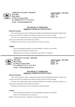 Première page de Français 5e, 4e, 4e ML — Devoir surveillé, 3e trimestre (2019-2020) · CPEG Frédéric Macaire