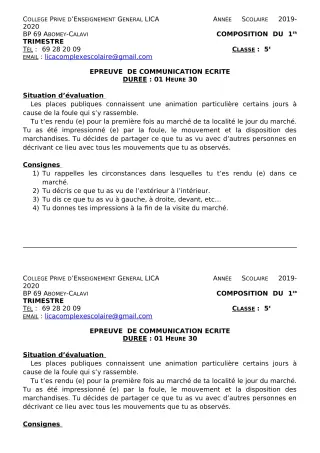 Première page de Français 5e — Composition, 1er trimestre (2019-2020) · CPEG LICA
