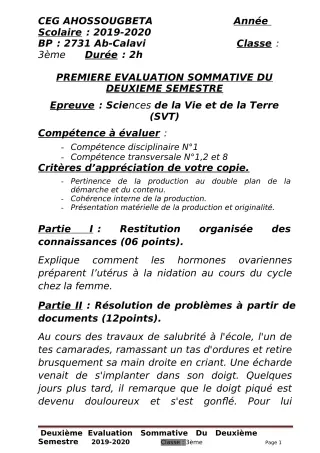 Première page de SVT 3e, 3e ML — 1re évaluation sommative, 2e semestre (2019-2020) · CEG Ahossougbéta