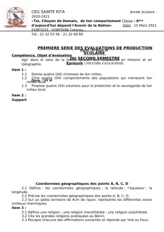 Première page de Histoire-Géographie 6e, 5e, 4e, 3e, 3e ML, 2nde A2, 2nde B, 2nde C, 2nde D, 1ère A2, 1ère B, 1ère C, 1ère D, Tle A2, Tle B, Tle C, Tle D — 1re évaluation sommative, 2e semestre (2020-2021) · CEG Saint