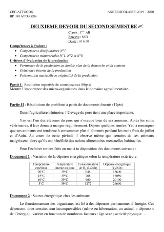 Première page de SVT 1ère A & B, 1ère A1, 1ère A2, 1ère B — 2e devoir surveillé, 2e semestre (2019-2020) · CEG Attogon