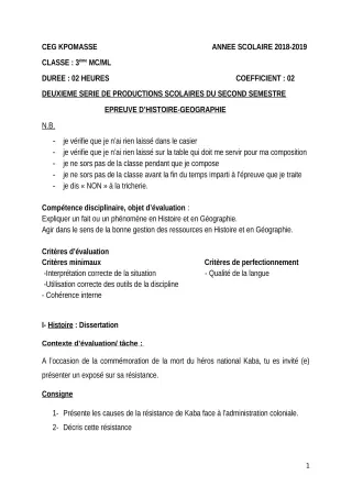 Première page de Histoire-Géographie 3e — 2e production scolaire, 2e semestre (2018-2019) · CEG Kpomassè
