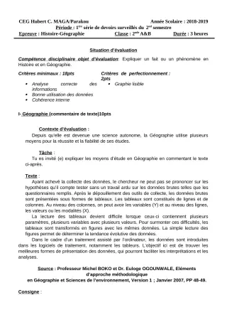 Première page de Histoire-Géographie 2nde A1, 2nde A2, 2nde B — 1er devoir surveillé, 2e semestre (2018-2019) · CEG Hubert C. MAGA