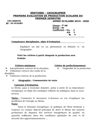 Première page de Histoire-Géographie Tle A2, Tle B — 1re production scolaire, 1er semestre (2019-2020) · CEG SEHOUE