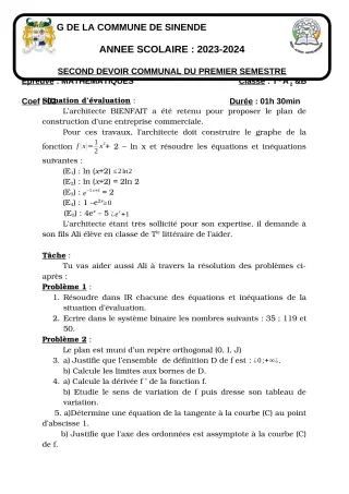 Première page de Mathématiques Tle A2 — 2e devoir surveillé, 1er semestre (2023-2024) · CEG SEKERE