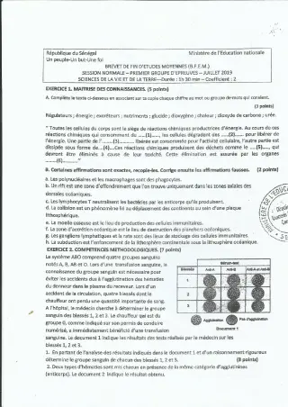 Première page de Épreuve BFEM 2019 SVT, Sénégal