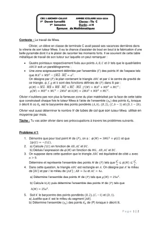 Première page de Mathématiques Tle C — 1er devoir surveillé, 1er semestre (2023-2024) · CEG2 ABOMEY - CALAVI (CEG ZOCA)