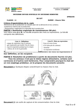 Première page de SVT 6e — 2e devoir surveillé, 2e semestre (2023-2024) · CEG SEKERE