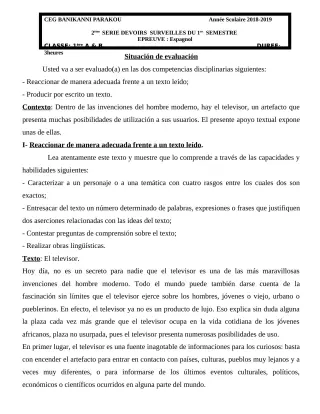 Première page de Espagnol 1ère A2, 1ère B — 2e devoir surveillé, 1er semestre (2018-2019) · CEG Banikanni