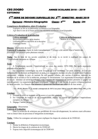 Première page de Histoire-Géographie 3e, 3e ML — 1er devoir surveillé, 2e semestre (2018-2019) · CEG ZOGBO