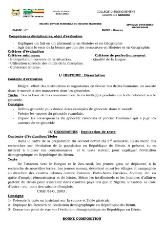 Première page de Histoire-Géographie 4e — 2e devoir surveillé, 2e semestre (2022-2023) · CEG SEKERE