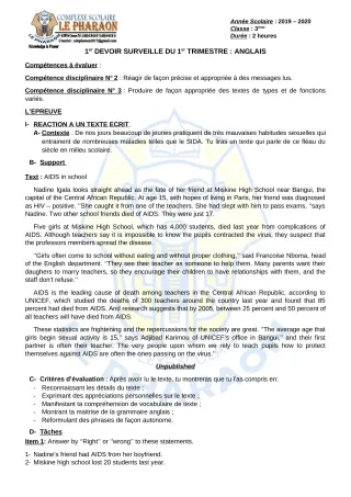 Première page de Anglais 3e, 3e ML — 1er devoir surveillé, 1er trimestre (2019-2020) · CPEG LE PHARAON