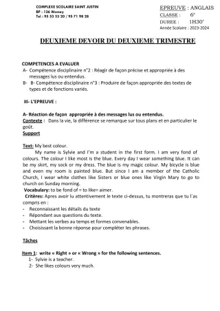 Première page de Anglais 6e — 2e devoir surveillé, 2e trimestre (2023-2024) · CPEG SAINT Justin