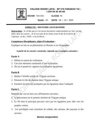 Première page de Histoire-Géographie 5e — Composition (2020-2021) · CPEG Roger LAFIA