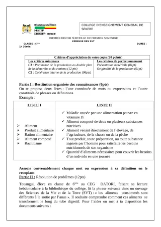 Première page de SVT 6e — 1er devoir surveillé, 1er semestre (2022-2023) · CEG SEKERE