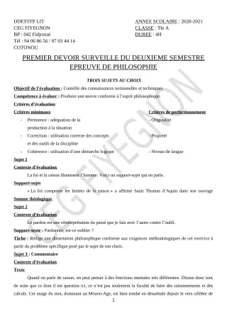 Première page de Philosophie Tle A1, Tle A2 — 1er devoir surveillé, 2e semestre (2020-2021) · CEG FIYEGNON