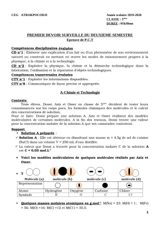 Première page de PCT 5e — 1er devoir surveillé, 2e semestre (2019-2020) · CEG ATROKPOCODJI