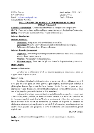 Première page de Philosophie 2nde C — 2e devoir surveillé, 1er semestre (2018-2019) · CEG Le Plateau