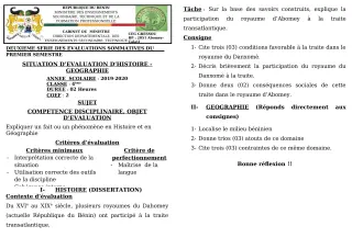 Première page de Histoire-Géographie 4e, 4e ML — 2e évaluation sommative, 1er semestre (2019-2020) · CEG GBESSOU