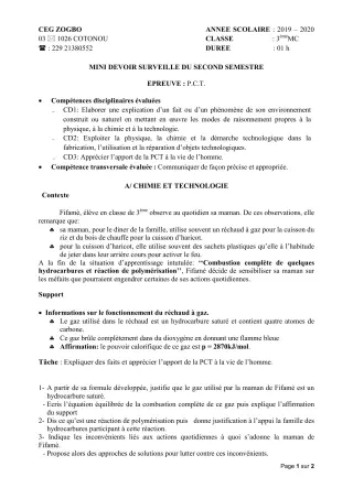 Première page de PCT 3e — 1er devoir surveillé, 2e semestre (2019-2020) · CEG ZOGBO