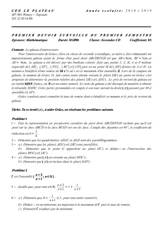 Première page de Mathématiques 2nde C — 1er devoir surveillé, 1er semestre (2018-2019) · CEG Le Plateau