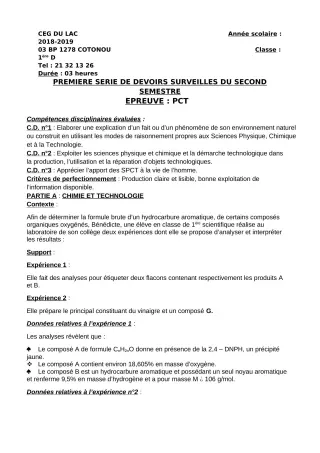 Première page de PCT 1ère D — 1er devoir surveillé, 2e semestre (2018-2019) · CEG du Lac